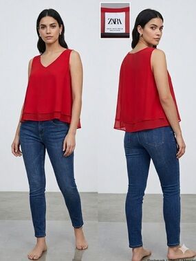 ZARA Red  Sleeveless Blouse Women Office  work  Casual Chic Top Medium